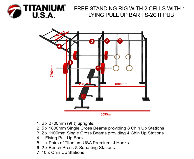 FREE STANDING RIG WITH 2 CELLS WITH 1 FLYING PULL UP BAR FS-2C1FPUB