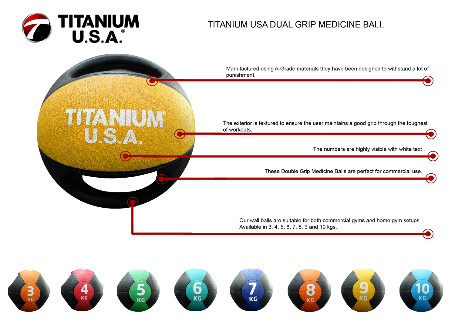 TITANIUM USA 10KG DUAL GRIP MEDICINE BALL