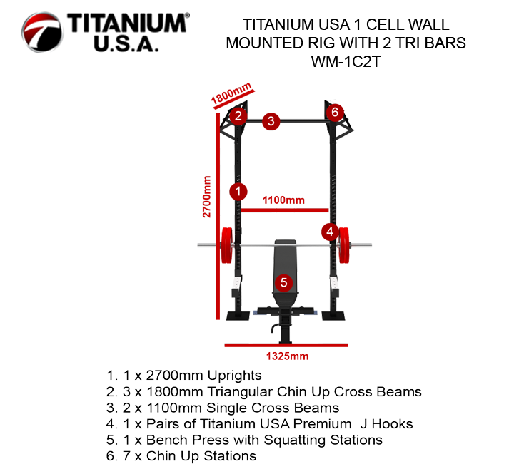 TITANIUM USA 1 CELL WALL MOUNTED RIG WITH 2 TRI BARS WM-1C2T