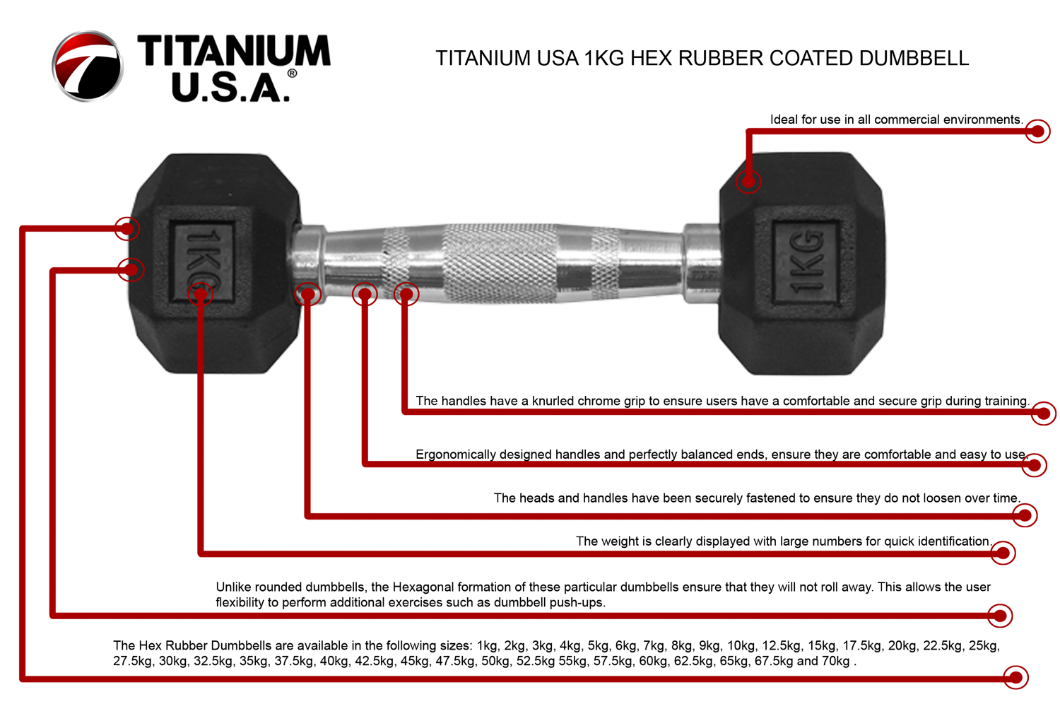 1KG HEX RUBBER COATED DUMBBELL - TITANIUM USA