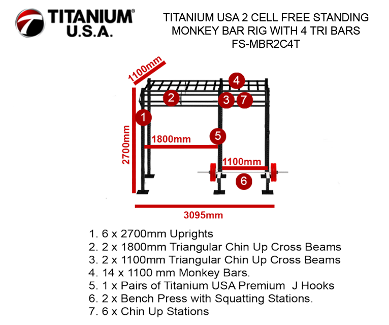 TITANIUM USA 2 CELL FREE STANDING MONKEY BAR RIG WITH 4 TRI BARS FS-MBR2C4T