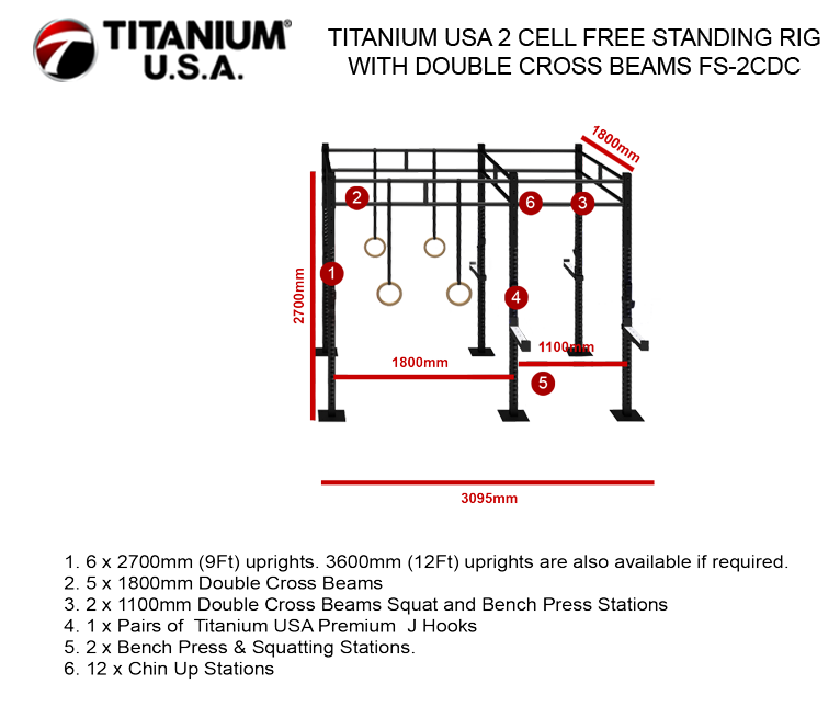 TITANIUM USA 2 CELL FREE STANDING RIG WITH DOUBLE CROSS BEAMS FS-2CDC