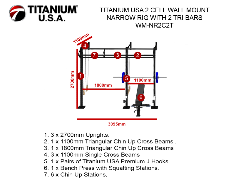 TITANIUM USA 2 CELL WALL MOUNT NARROW RIG WITH 2 TRI BARS WM-NR2C2T