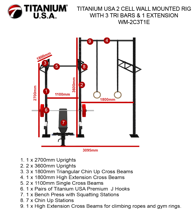 TITANIUM USA 2 CELL WALL MOUNTED RIG WITH 3 TRI BARS & 1 EXTENSION WM-2C3T1E