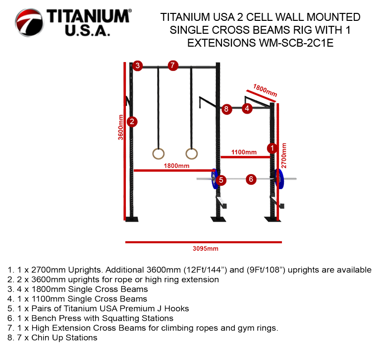 TITANIUM USA 2 CELL WALL MOUNTED SINGLE CROSS BEAMS RIG WITH 1 EXTENSIONS WM-SCB-2C1E