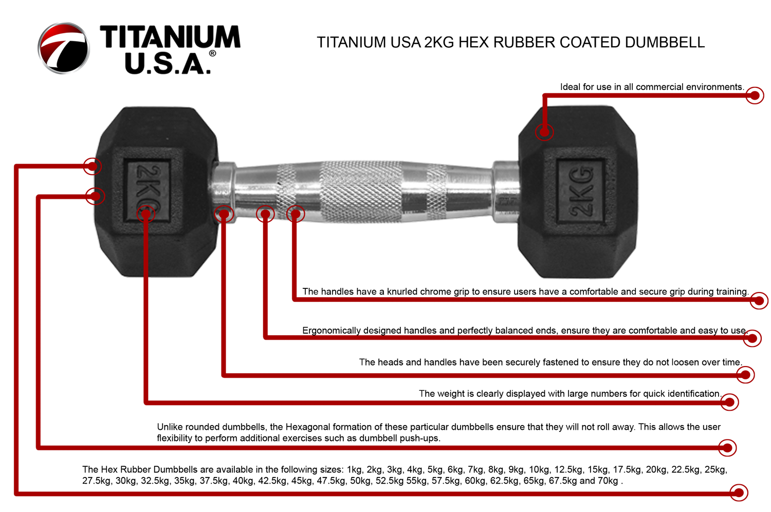 2KG HEX RUBBER COATED DUMBBELL - TITANIUM USA