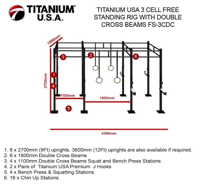 TITANIUM USA 3 CELL FREE STANDING RIG WITH DOUBLE CROSS BEAMS FS-3CDC