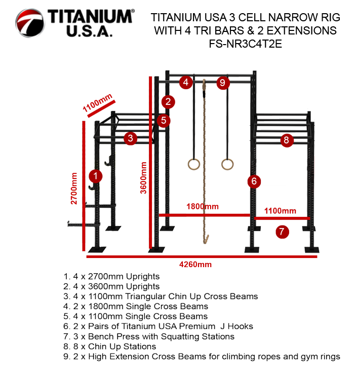 TITANIUM USA 3 CELL NARROW RIG WITH 4 TRI BARS & 2 EXTENSIONS FS-NR3C4T2E