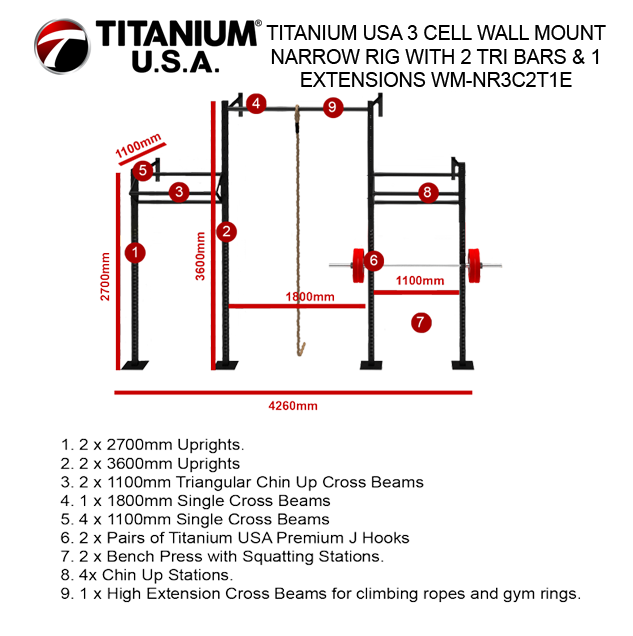 TITANIUM USA 3 CELL WALL MOUNT NARROW RIG WITH 2 TRI BARS & 1 EXTENSIONS WM-NR3C2T1E