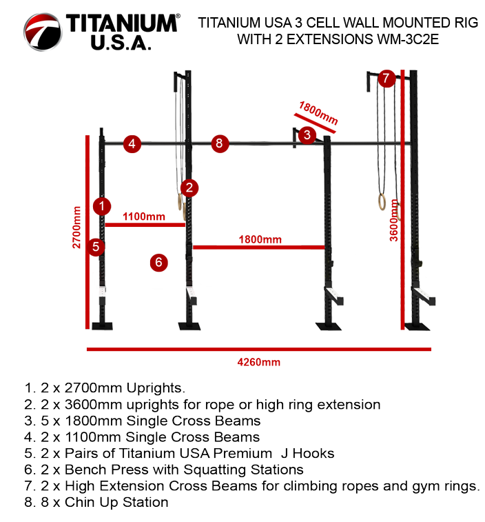 TITANIUM USA 3 CELL WALL MOUNTED RIG WITH 2 EXTENSIONS WM-3C2E