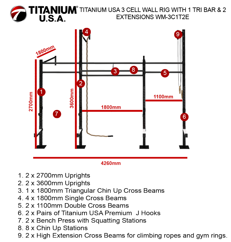 TITANIUM USA 3 CELL WALL RIG WITH 1 TRI BAR & 2 EXTENSIONS WM-3C1T2E