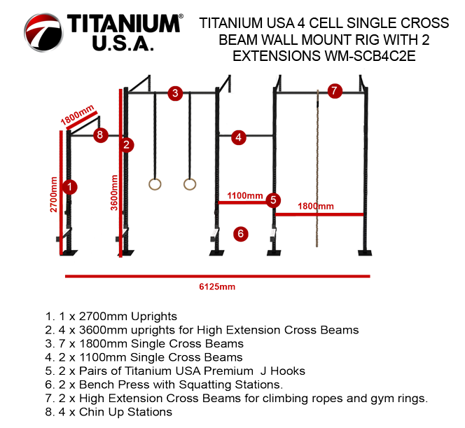 TITANIUM USA 4 CELL SINGLE CROSS BEAM WALL MOUNT RIG WITH 2 EXTENSIONS WM-SCB4C2E