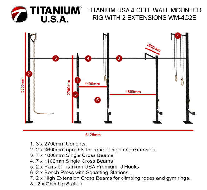 TITANIUM USA 4 CELL WALL MOUNTED RIG WITH 2 EXTENSIONS WM-4C2E