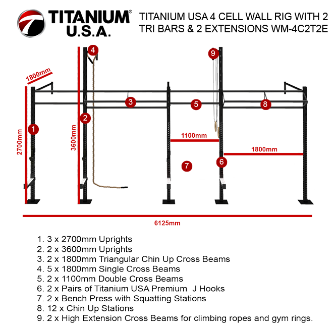 TITANIUM USA 4 CELL WALL RIG WITH 2 TRI BARS & 2 EXTENSIONS WM-4C2T2E