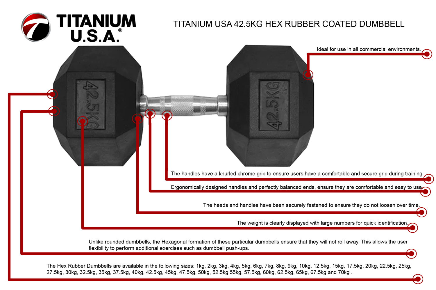 42.5KG HEX RUBBER COATED DUMBBELL - TITANIUM USA