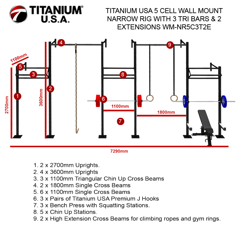 TITANIUM USA 5 CELL WALL MOUNT NARROW RIG WITH 3 TRI BARS & 2 EXTENSIONS WM-NR5C3T2E