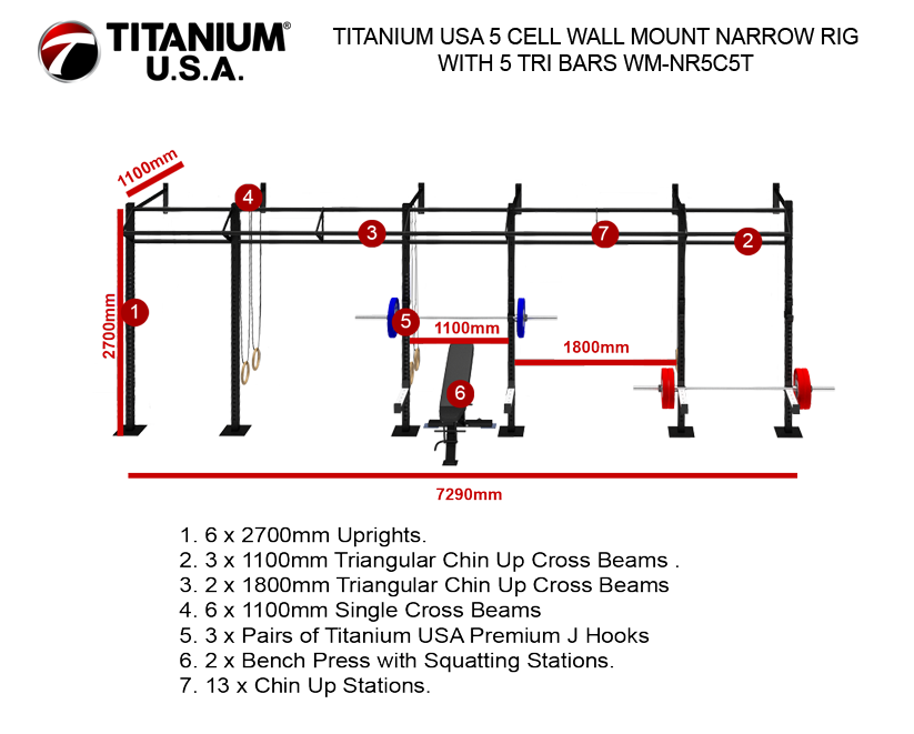 TITANIUM USA 5 CELL WALL MOUNT NARROW RIG WITH 5 TRI BARS WM-NR5C5T