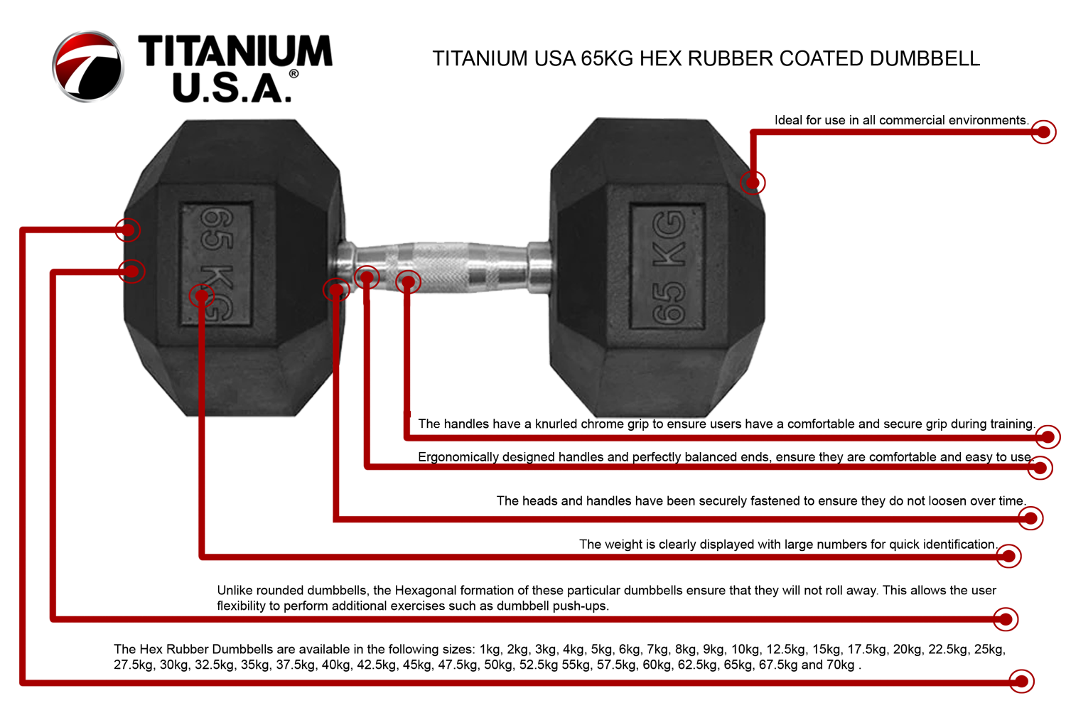 65KG HEX RUBBER COATED DUMBBELL - TITANIUM USA