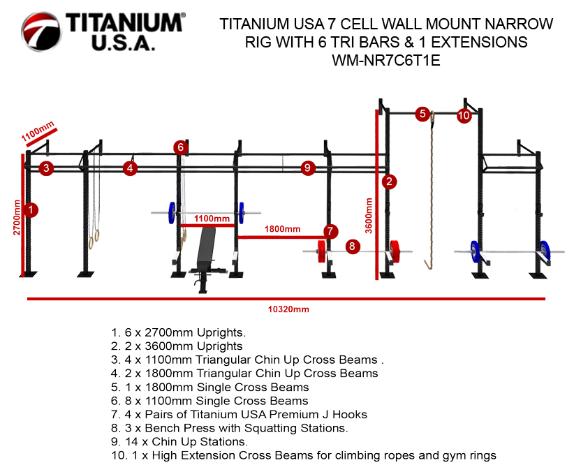 TITANIUM USA 7 CELL WALL MOUNT NARROW RIG WITH 6 TRI BARS & 1 EXTENSIONS WM-NR7C6T1E