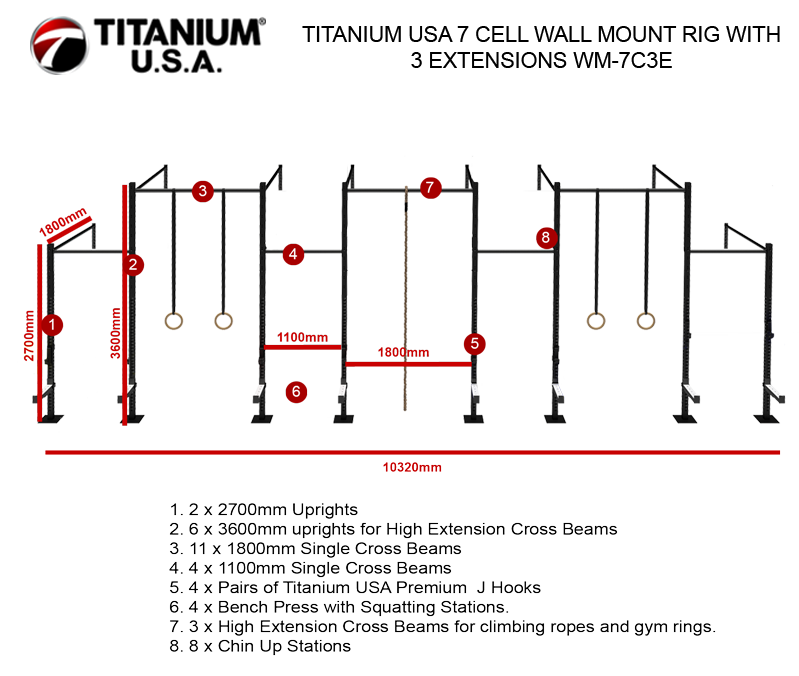 TITANIUM USA 7 CELL WALL MOUNT RIG WITH 3 EXTENSIONS WM-7C3E