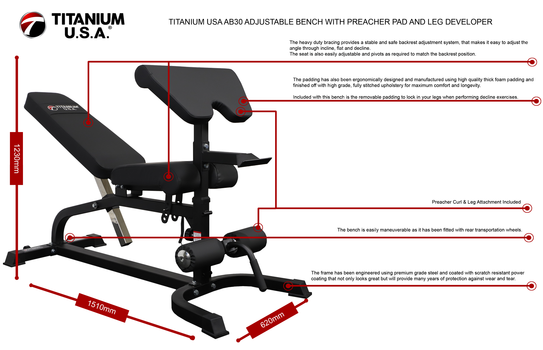 TITANIUM USA AB30 ADJUSTABLE BENCH WITH PREACHER PAD AND LEG DEVELOPER