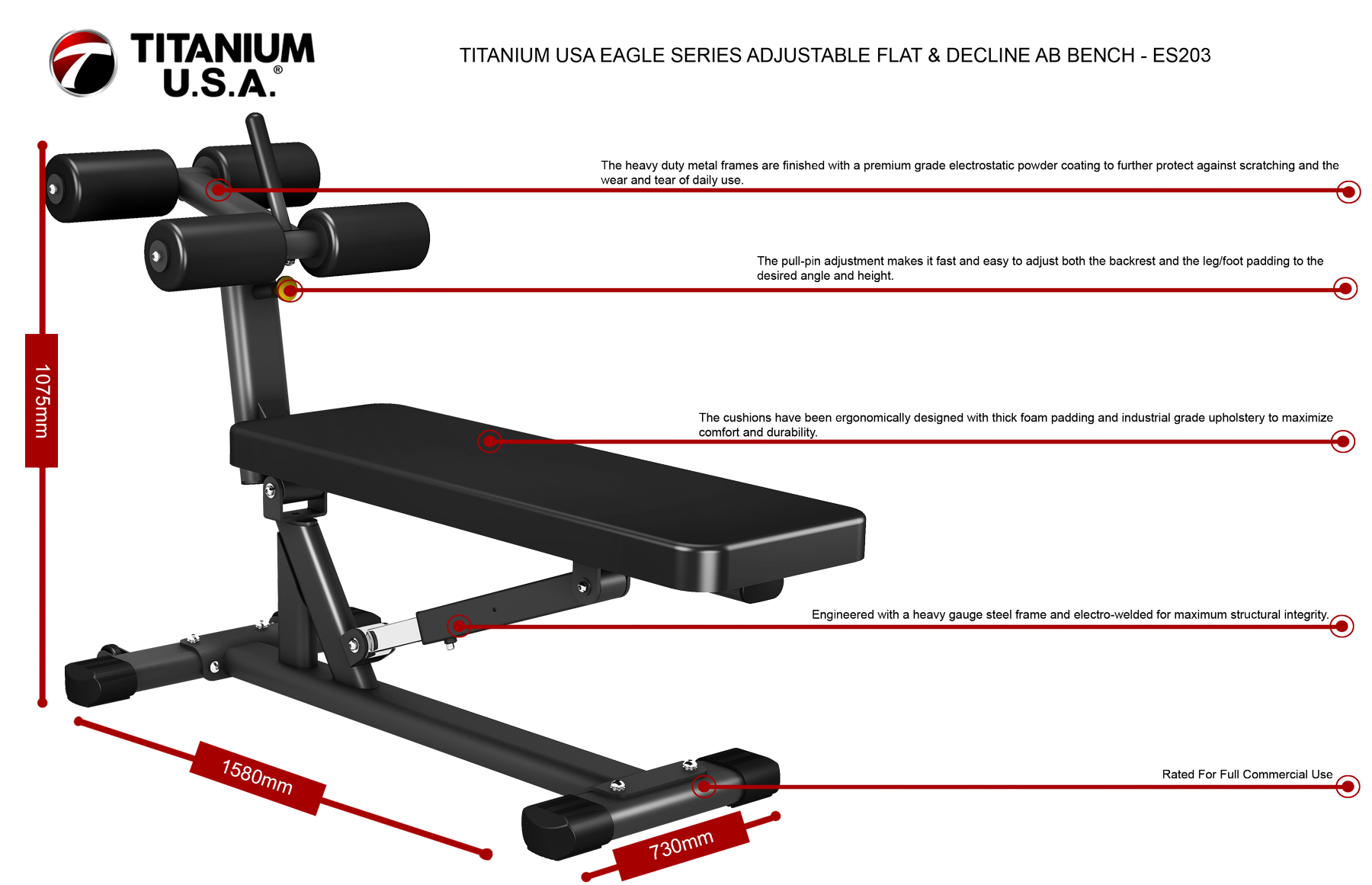 TITANIUM USA EAGLE SERIES ADJUSTABLE FLAT & DECLINE AB BENCH - ES203