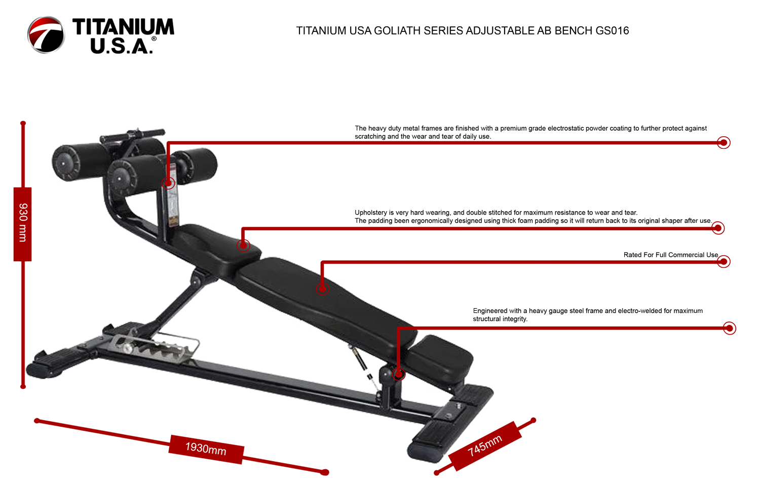 TITANIUM USA GOLIATH SERIES ADJUSTABLE AB BENCH GS016