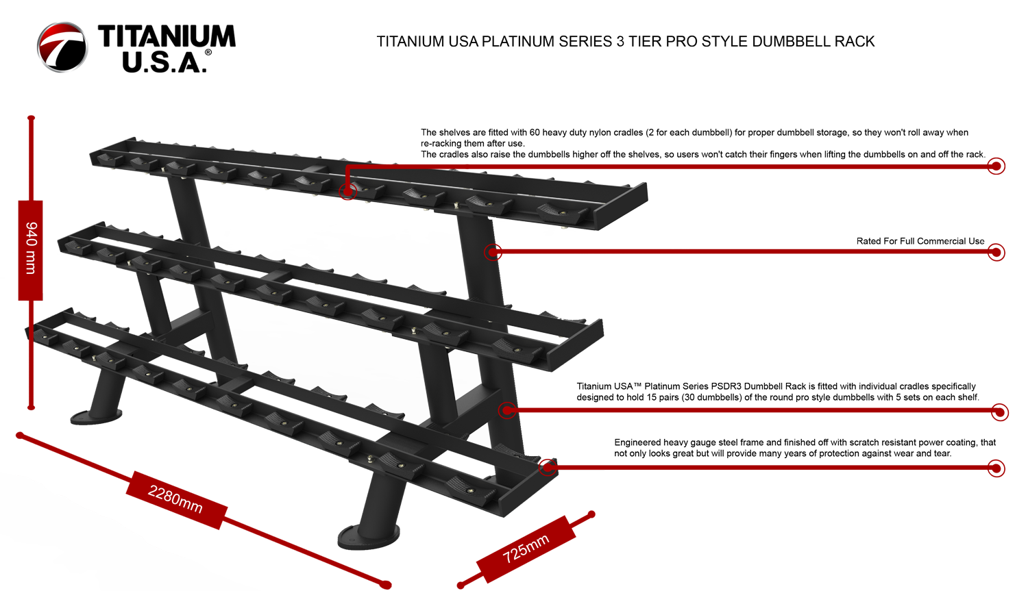 TITANIUM USA PLATINUM SERIES 3 TIER PRO STYLE DUMBBELL RACK