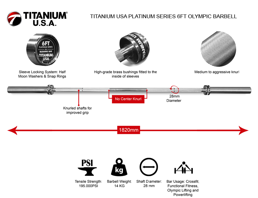 TITANIUM USA PLATINUM SERIES 6FT OLYMPIC BARBELL