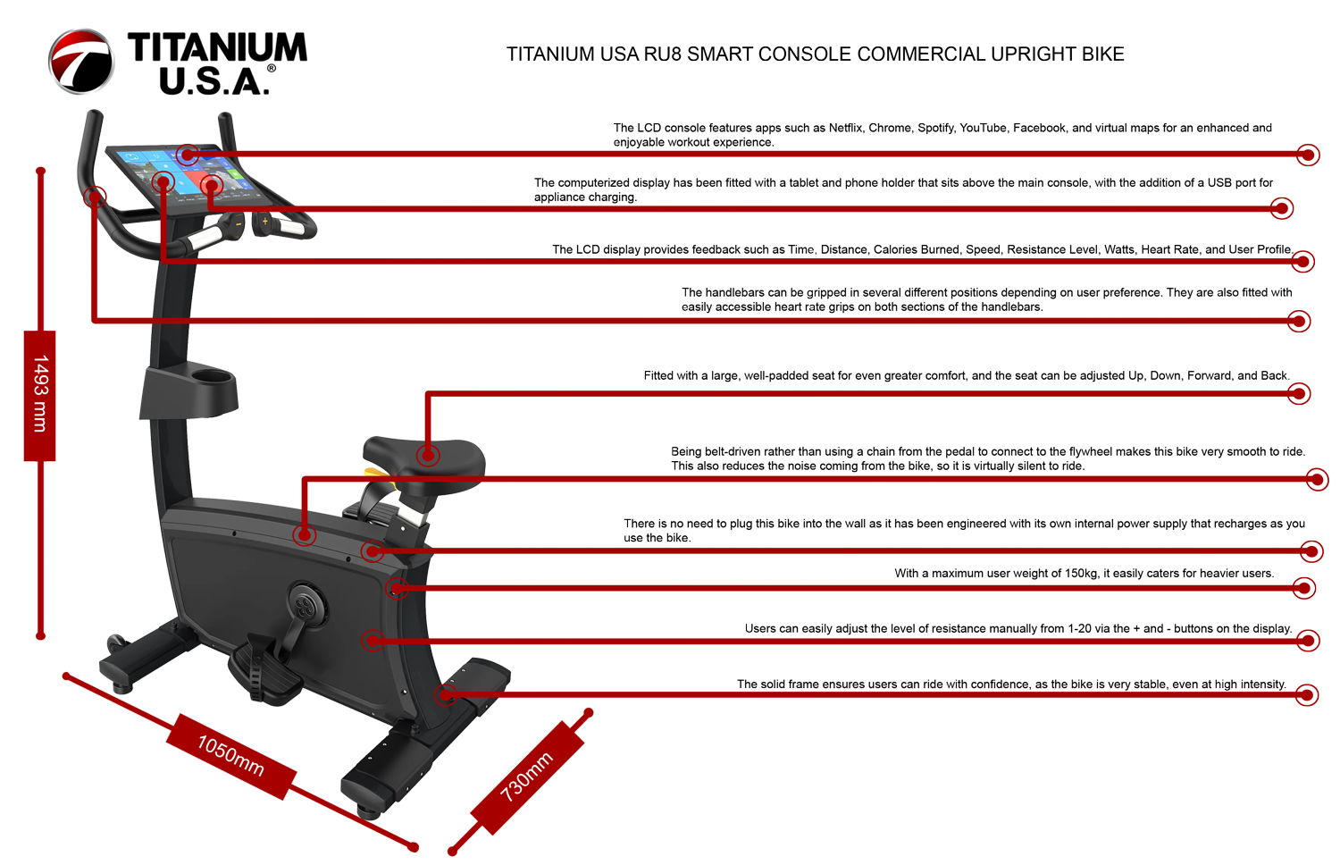 TITANIUM USA RU8 SMART CONSOLE COMMERCIAL UPRIGHT BIKE