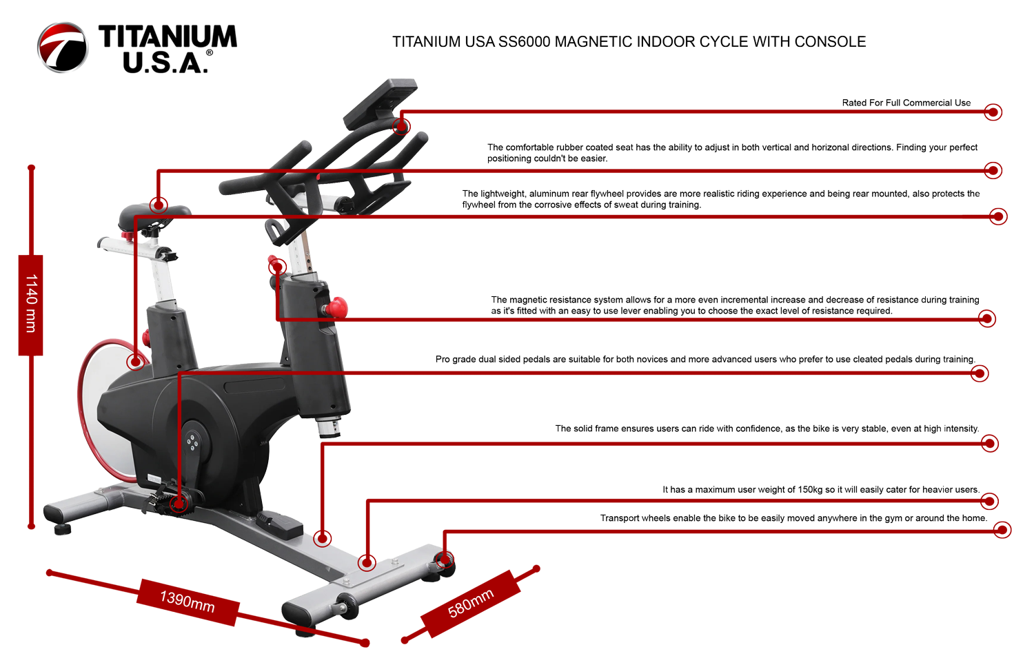 TITANIUM USA SS6000 MAGNETIC INDOOR CYCLE WITH CONSOLE