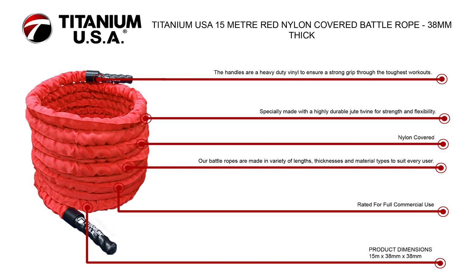 15 METRE RED NYLON COVERED BATTLE ROPE - 38MM THICK