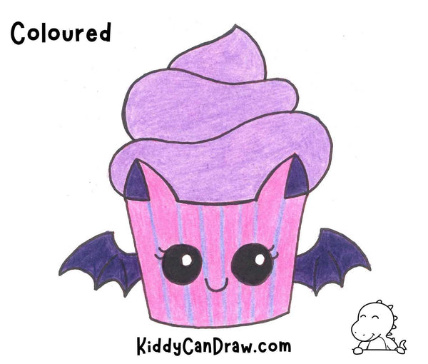 How To Draw a Bat Cupcake For Halloween Coloured