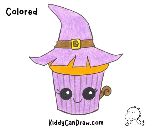 How To Draw a Cute Witch Hat Cupcake For Halloween Colored