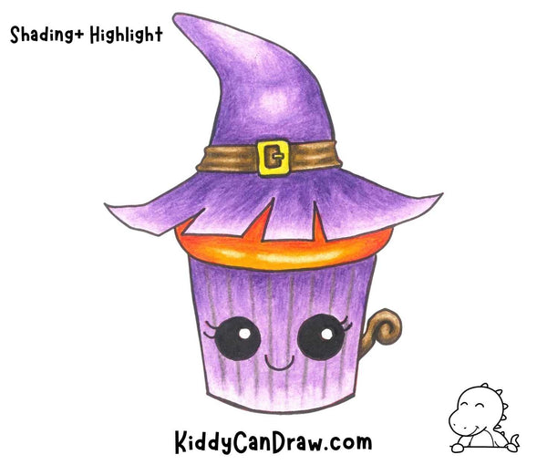 How To Draw a Cute Witch Hat Cupcake For Halloween with shading and highlights