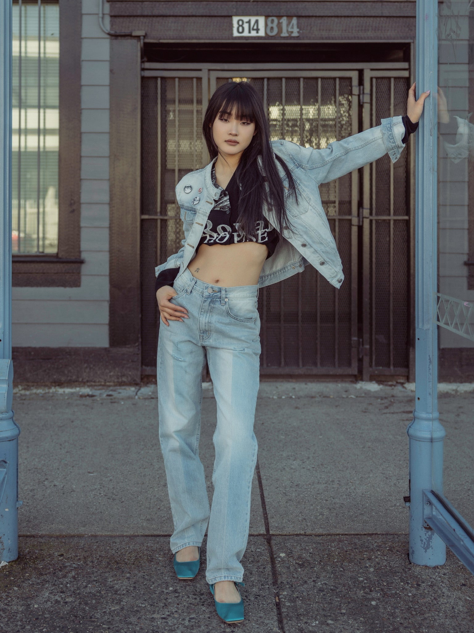 the open product Blue Distressed Denim Jacket