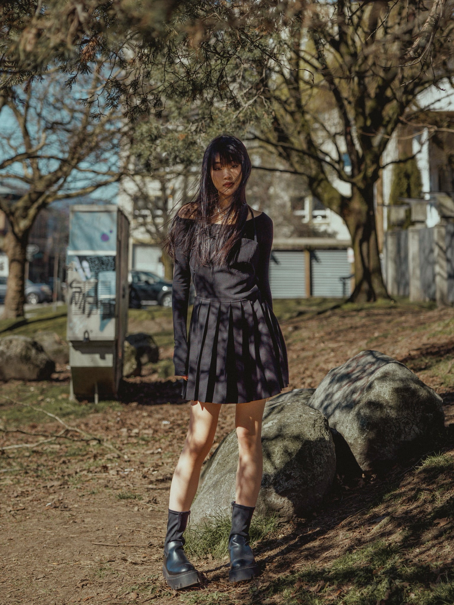 low classic Black Pleated Mini Dress