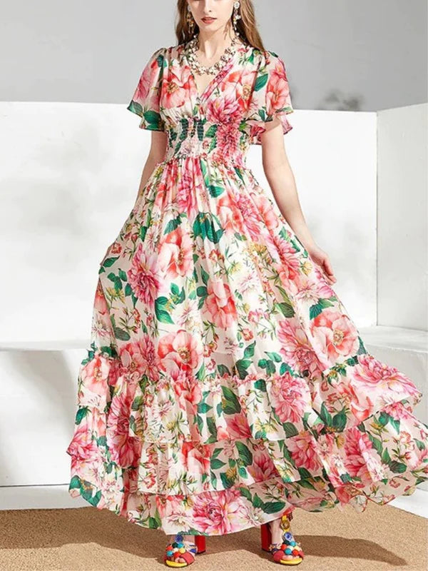 Liv Foster Floral Print V-Neckline Sleeveless Side Cut Out Gown | Dillard's