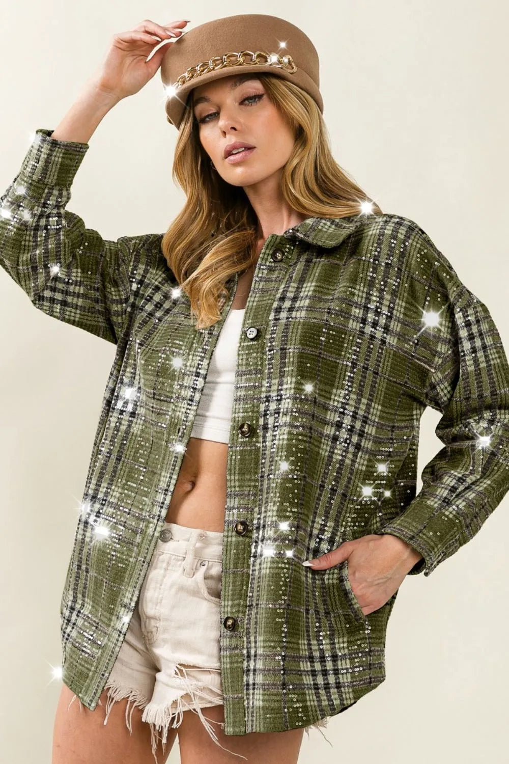 BiBi Clear Sequin Plaid Jacket - Oversized Glam