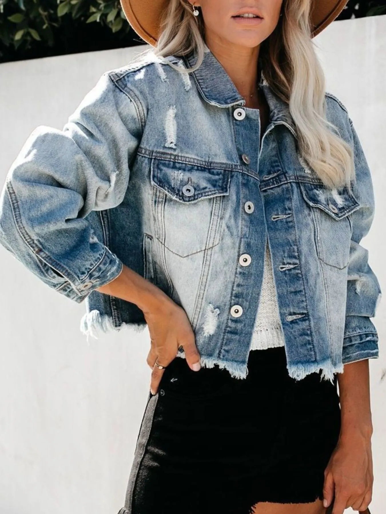 Distressed Raw Hem Denim Jacket - Vintage Washed Oversized Fit