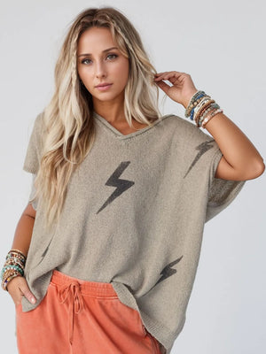 Lightning V-Neck Short Sleeve Knit Top - true-deals-club