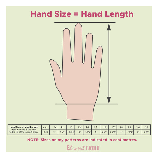 Hand Size = Hand Length (from the bend in the wrist to the tip of the longest finger)