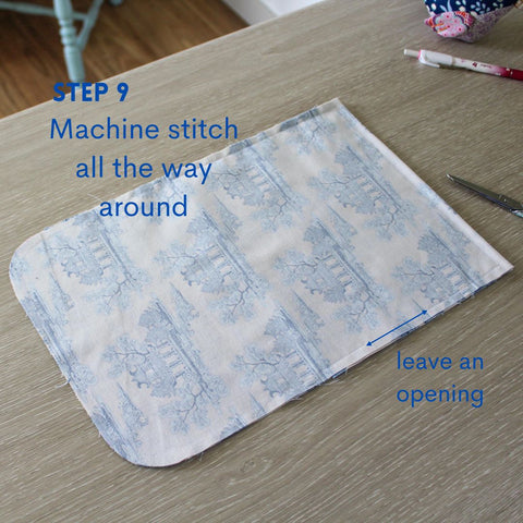 Machine stitch all the way around the bag, leaving a small opening within the body of the bag for turning..