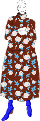 Artistic drawing of women in a printed floral dress with blue boots to represent a dress sewing pattern