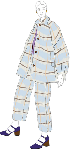 Artistic drawing of woman wearing long coat and matching trousers