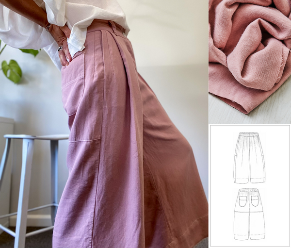 Photo collage of zero waste block pant sewing pattern in pink mara linen and tencel fabric