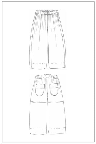 Schematic drawing of zero waste trouser sewing pattern front and back view