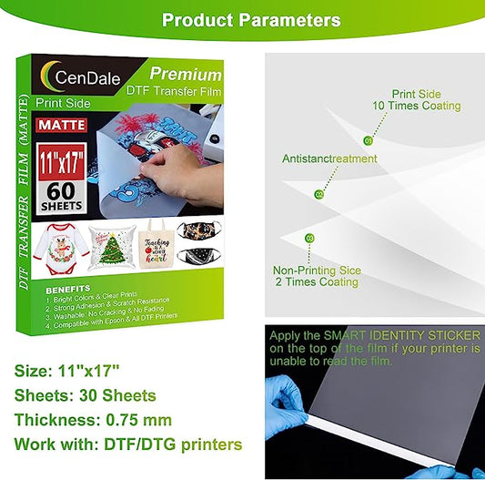 SET: CenDale DTF Transfer Film - A4(8.3 x 11.7) 35 Sheets A4-35 sheets  +EXTRAS