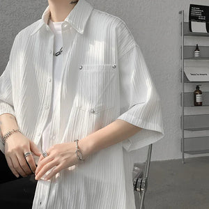 Solvbao  -  Men's Short Sleeve Shirt Rivet Design Blouses Casual Solid Streetwear Shirts Summer Pleated Button Y2K Tops - Solvbao