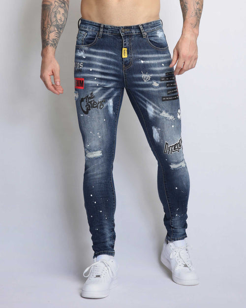 graffiti print jeans high Street Jeans Men Black Stretch Slim Fit